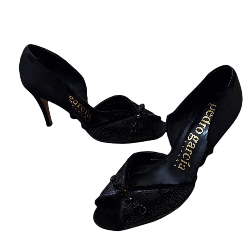 Pedro Garcia Black Sequin Open Toe Heels Size 40 EU
